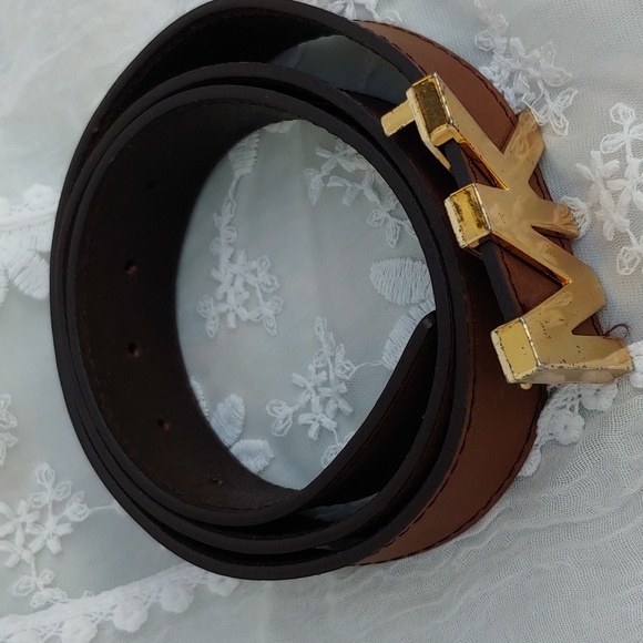 Michael Kors Brown Leather Belt with Gold Tone MK Buckle size XL - Picture 9 of 13